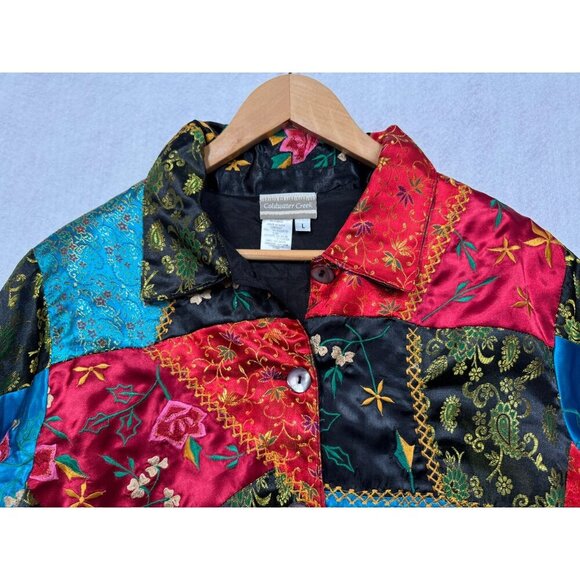 Coldwater Creek Satin Patchwork Jacket Asian Floral Art to Wear Top Womens L Vtg - Picture 3 of 6
